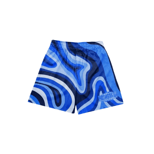 Shades of Blue and white abstract swirl patterned lightweight mesh shorts for summer and streetwear