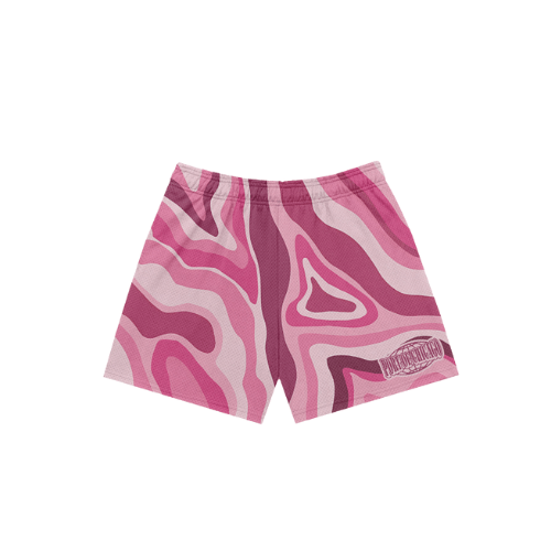 Shades of Pink and white abstract swirl-patterned lightweight mesh shorts for summer and streetwear